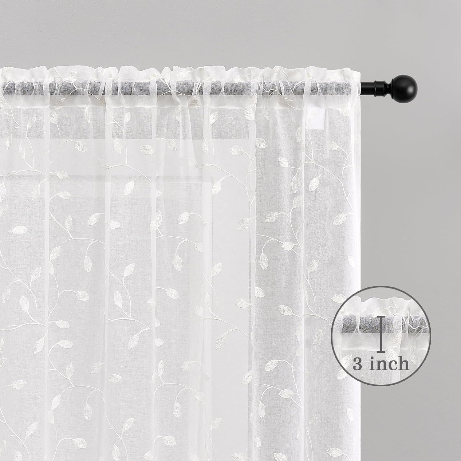 White Embroidered Leaf Sheer Curtains 72 Inch Length for Bedroom Office Leafage Sheer Curtains Light Filtering Rod Pocket Natural Linen Texture Foliage Floral Voile Window Drapes, 2 Panels Set, 50x72