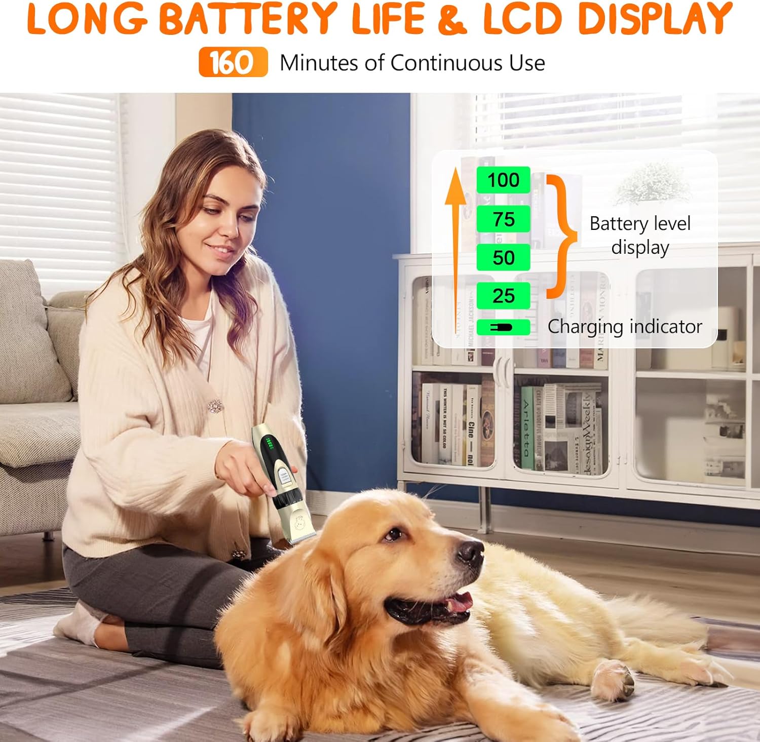 Dog Hair Clippers, Low Noise Professional Dog Clippers, Pet Grooming Clippers Waterproof Whole Body Washable Cordless Rechargeable 3