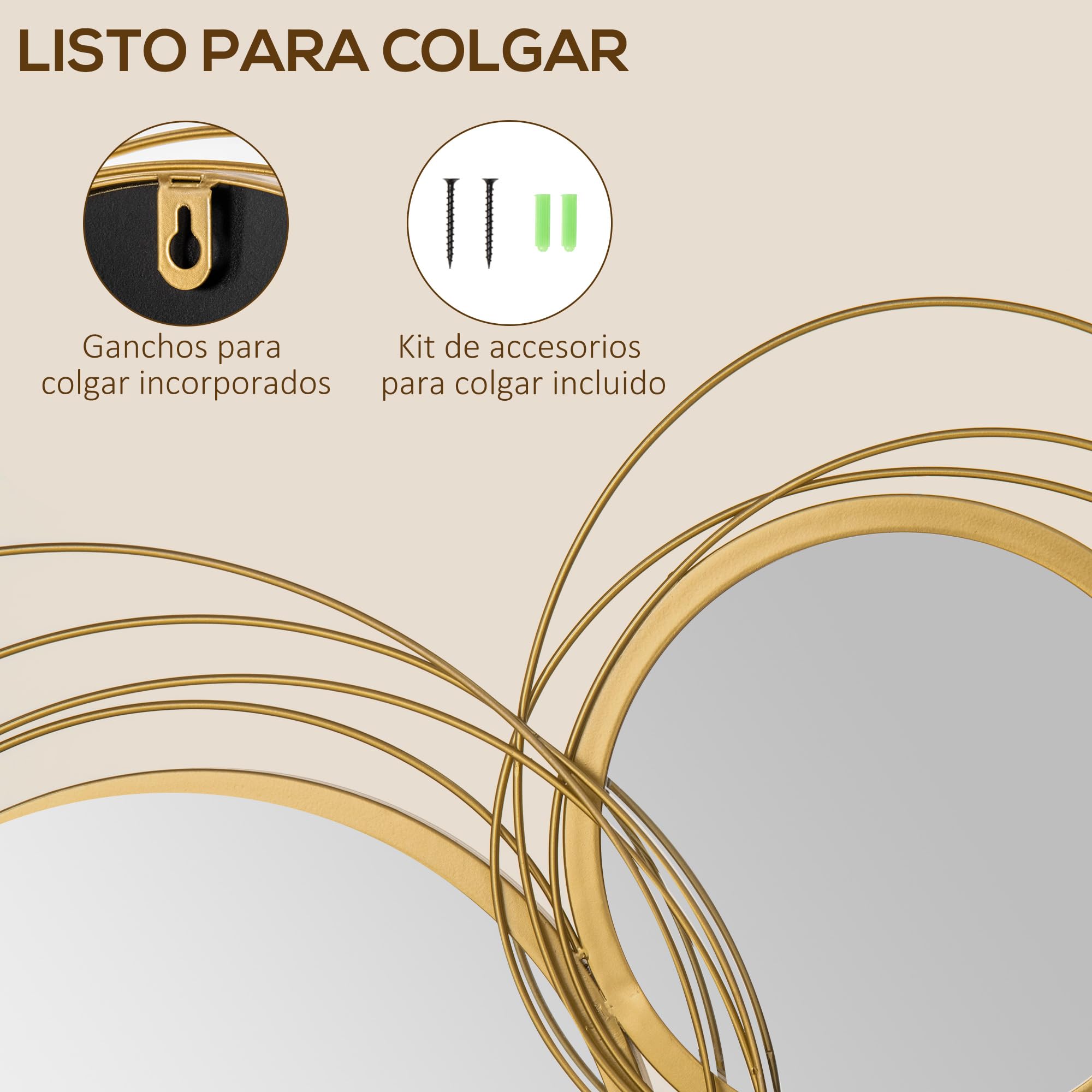 HOMCOM Decoración de Pared de Metal 3D Espejos Redondos 107x56 cm Dorado | Escultura de Espejos Redondos, Adornos Metálicos, Salón Dormitorio Cocina, Recibidores