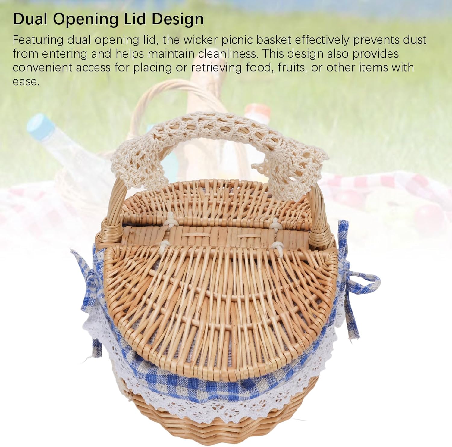 Wicker Picnic Basket with Removable Liner, Dual Opening Lid, Large Capacity Empty Picnic Hamper Basket for Family Gatherings (Blue Plaid) - Image 5