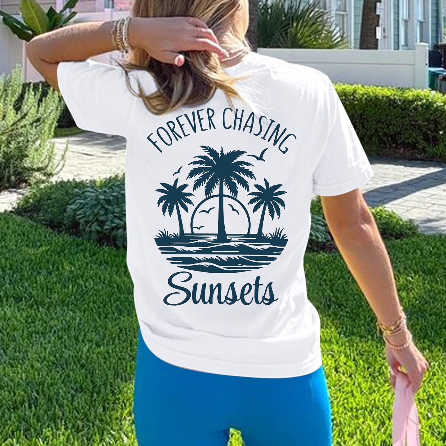 Forever Chasing Sunsets Tshirt Hawaiian Beach Shirts for Women Palm Tree Tropical Shirt Graphic Tees Summer Tops - Image 3