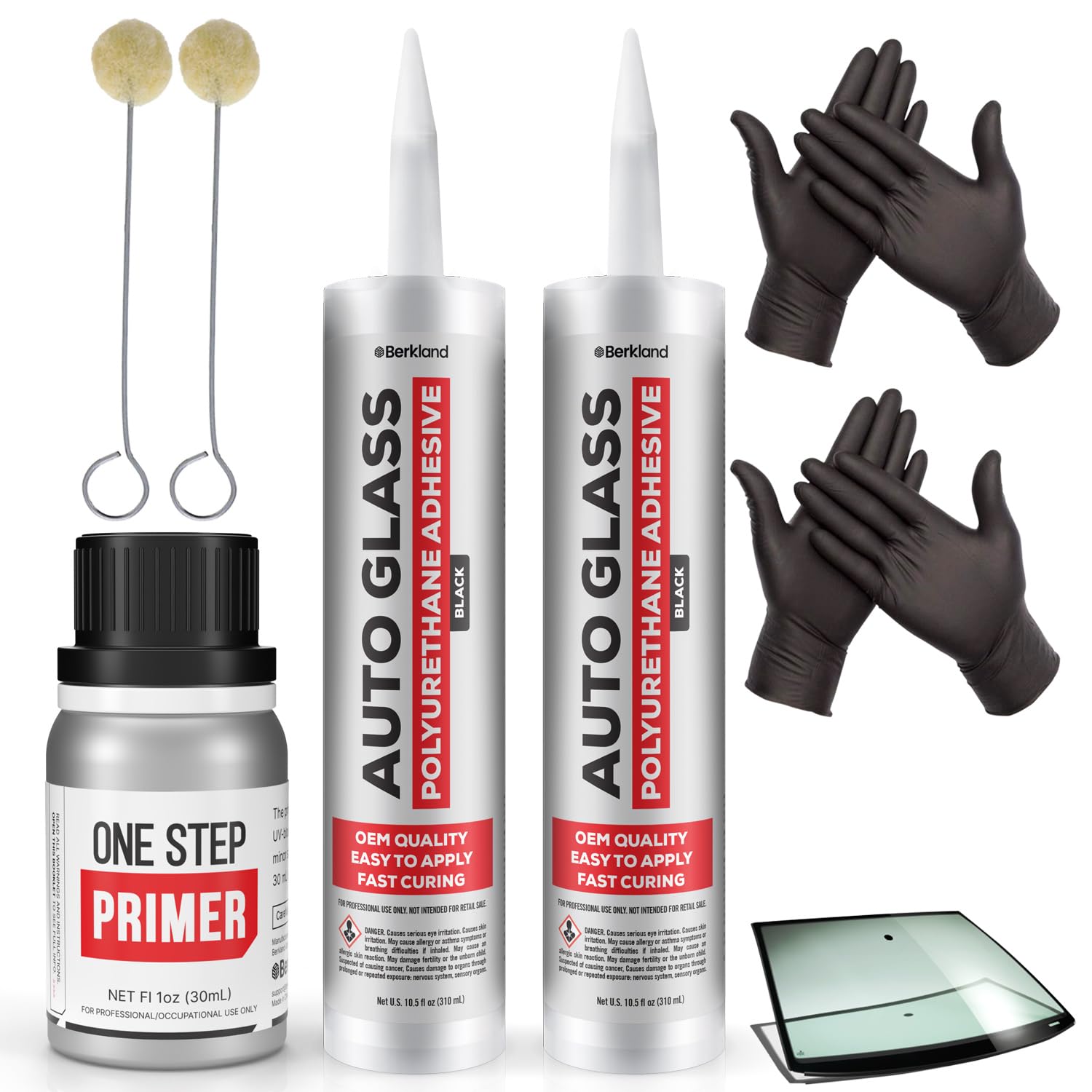One-Step Primer & 2pk Polyurethane Windshield Adhesive Kit – High Bond Strength, UV Resistant, Fast Drying Sealant for Windshield Replacement – Includes Daubers & Gloves