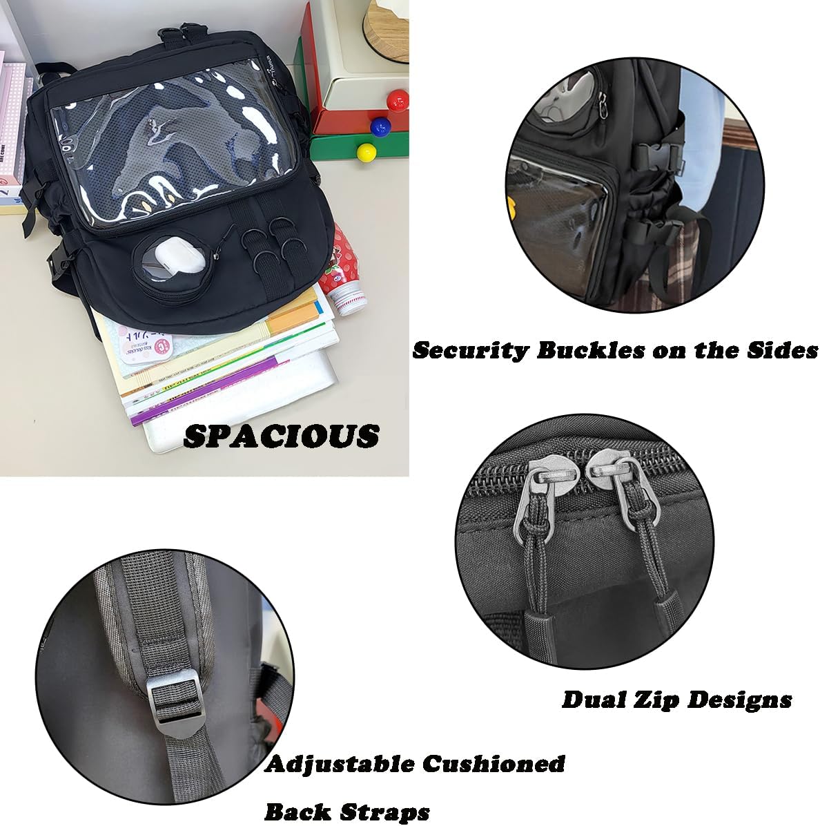 Ita Bag Preppy Backpack with Pin Display Insert for School Anime Cosplay (Black) - Image 3