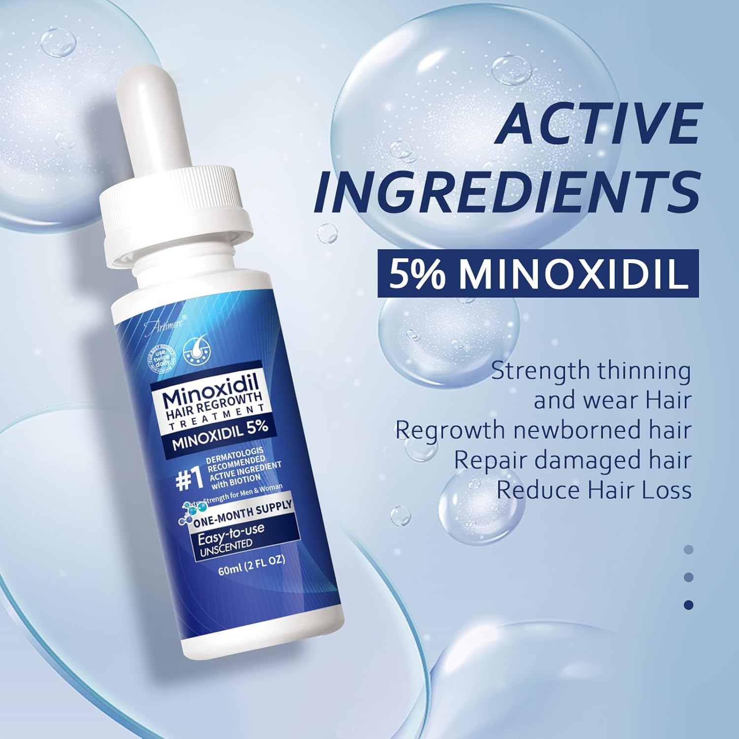 5% Minoxidil Hair Growth Serum for Men & Women with Biotin: Minoxidil for Men and Women, 5 Percent, Hair Regrowth Treatment, Extra Strength (6 FL OZ, Dropper 3pcs) - Image 3