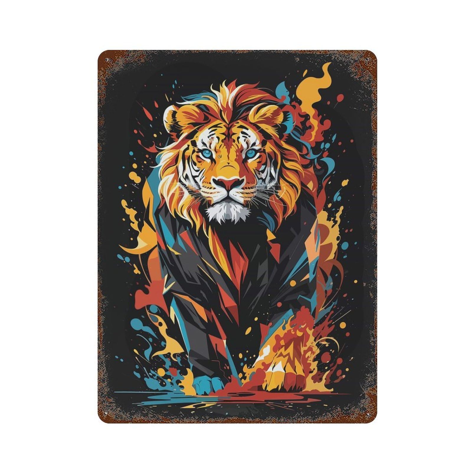 Aged Metal Wall Plaque with Colorful Lion Design 15.7"x11.8", for Cafe, Home Bar And Lounge Decor, Novelty Wall Decor