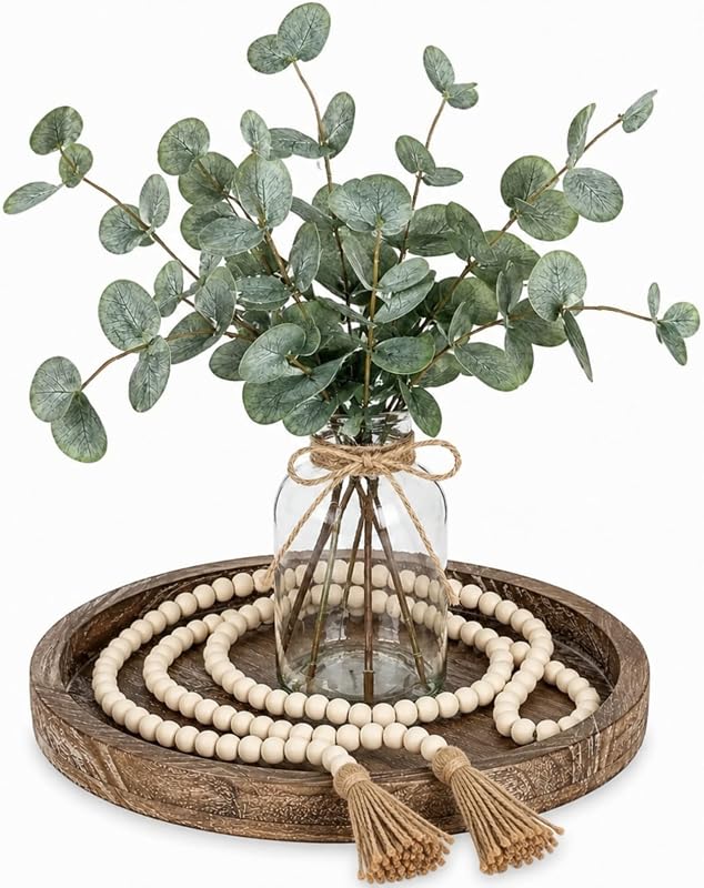 5 Pcs Rustic Farmhouse Decor for Coffee Table Entryway Living Room | 11 in Wooden Decorative Tray, 58 in Solid Wood Bead, Glass Vase, Faux Eucalyptus Stems, Jute Rope, Wedding Gift, Christmas