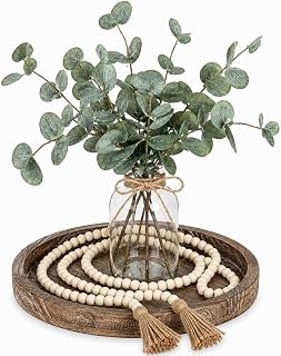 5 Pcs Rustic Farmhouse Decor for Coffee Table Entryway Living Room | 11 in Wooden Decorative Tray, 58 in Solid Wood Bead, Glass Vase, Faux Eucalyptus Stems, Jute Rope, Wedding Gift, Christmas