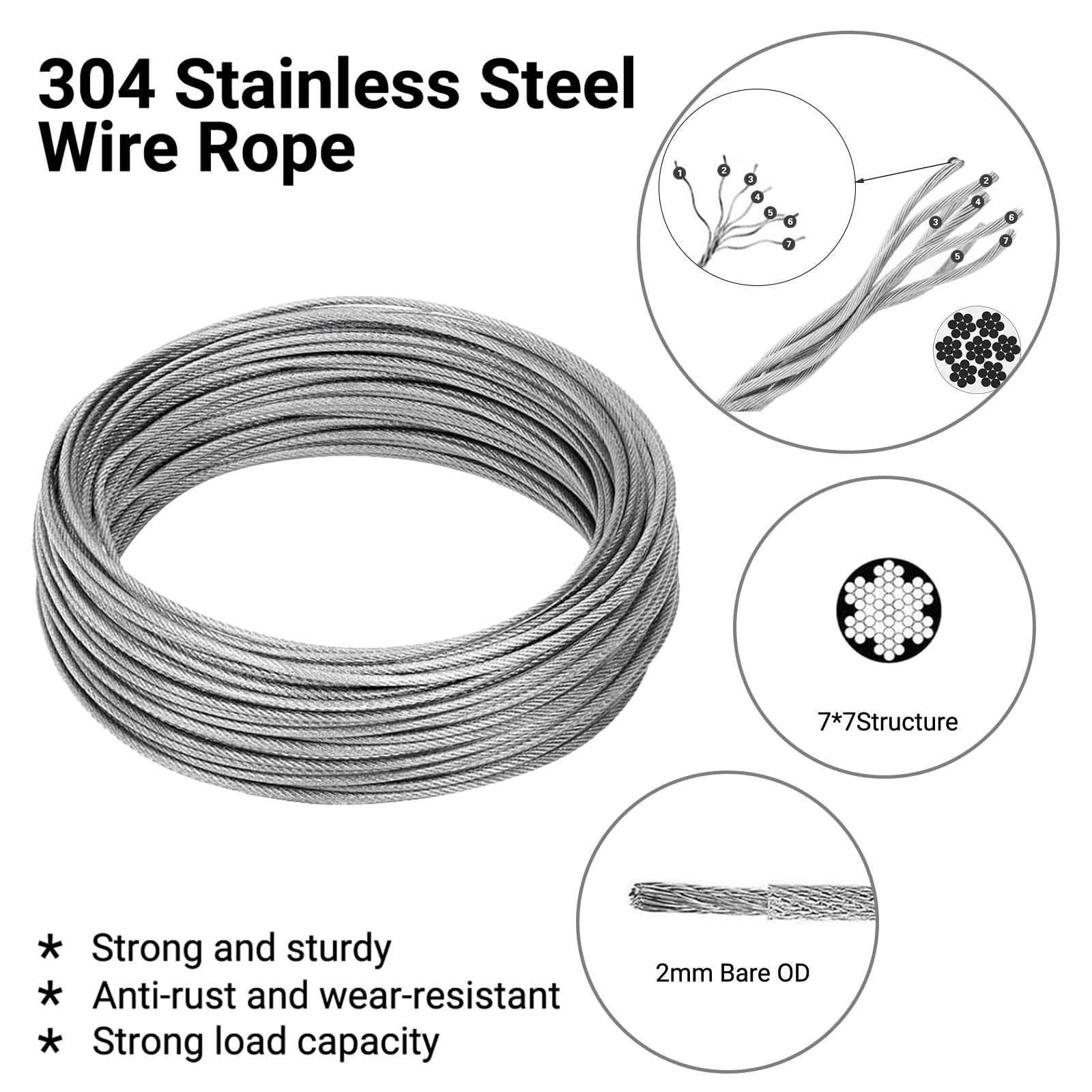 Lot 50M Câble Acier Kit, Câble Métallique en Acier Inoxydable Épais de 2mm, Tendeur Câble Inox, 304 Cable Acier Inoxydable à Noyau 7 x 7 Brins pour Plante Grimpante, Corde à Linge