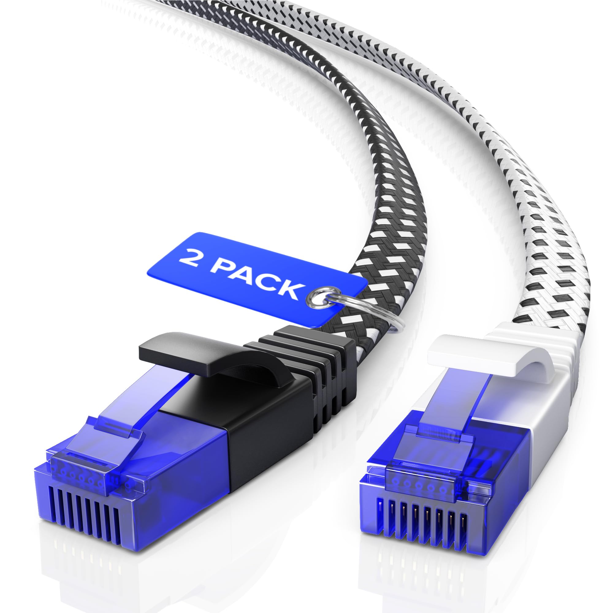 Maximm Cat 6 Ethernet Cable, 1 ft, 2 Pack Easy-Hide Flat Super-Durable Black and White Braided Network LAN Internet Cable/Cord