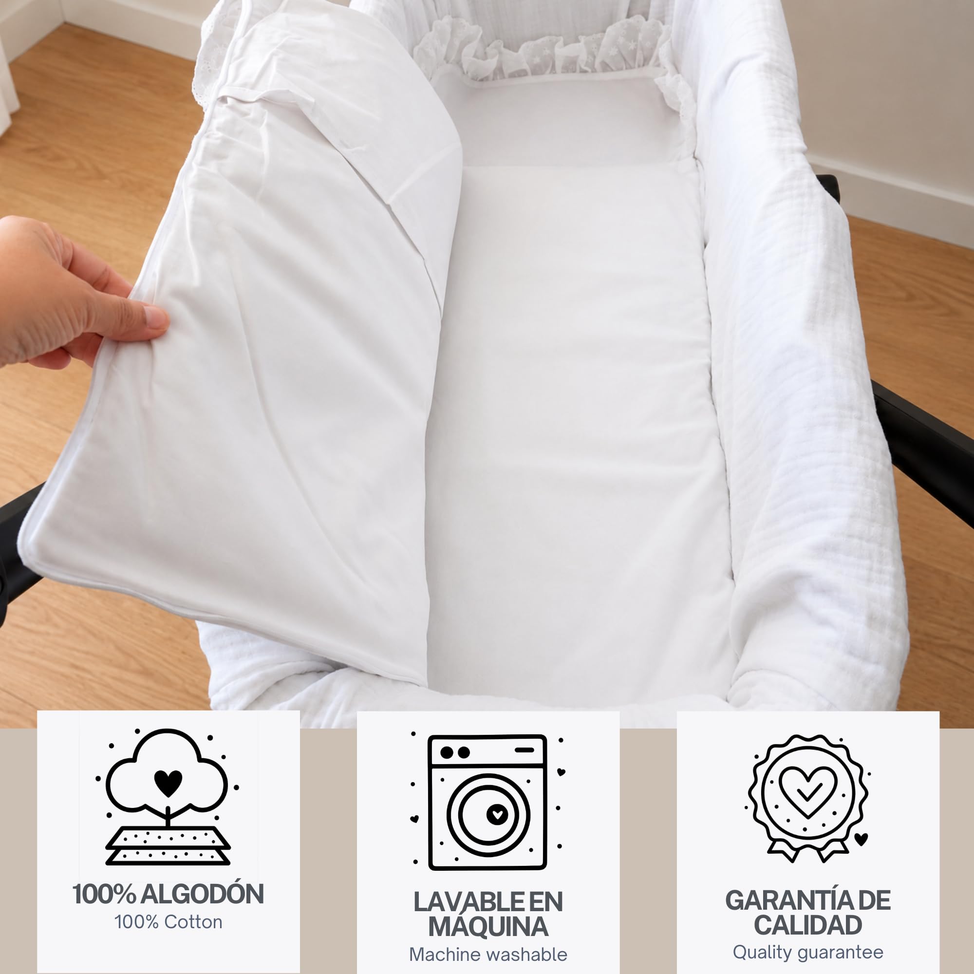 Thermikoa Saco Arrullo Bebé Recién Nacido 72x34 cm – Saco Capazo Universal (Blanco Muselina) - Tamaño Pequeño