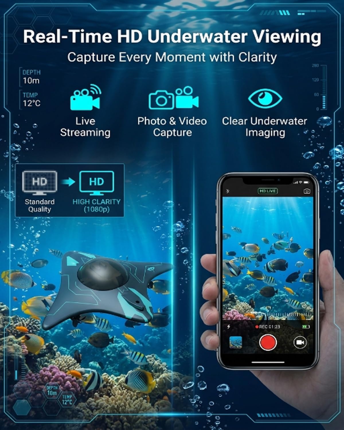 Underwater Drone with Camera Professional Fishing Drone Focusing on Correction Wireless Connectivity Smart App Wireless Control Real-Time Image Transmission for Underwater Exploration