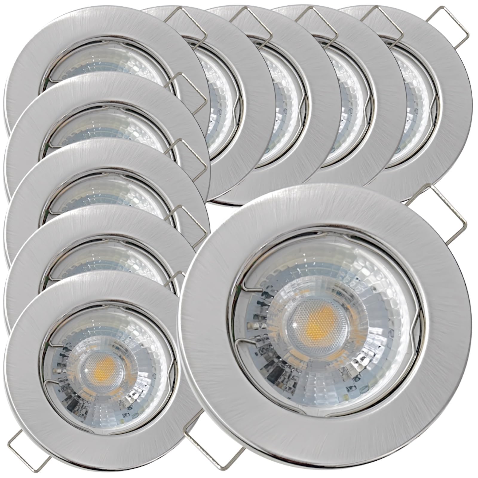 10 Stück flacher LED Einbaustrahler Lotta 230V 5W COB Warmweiß 3000K | IP20 | Farbe: Edelstahl gebürstet | Kompakte Einbauleuchten | Moderne Deckenspots für Wohnbereich