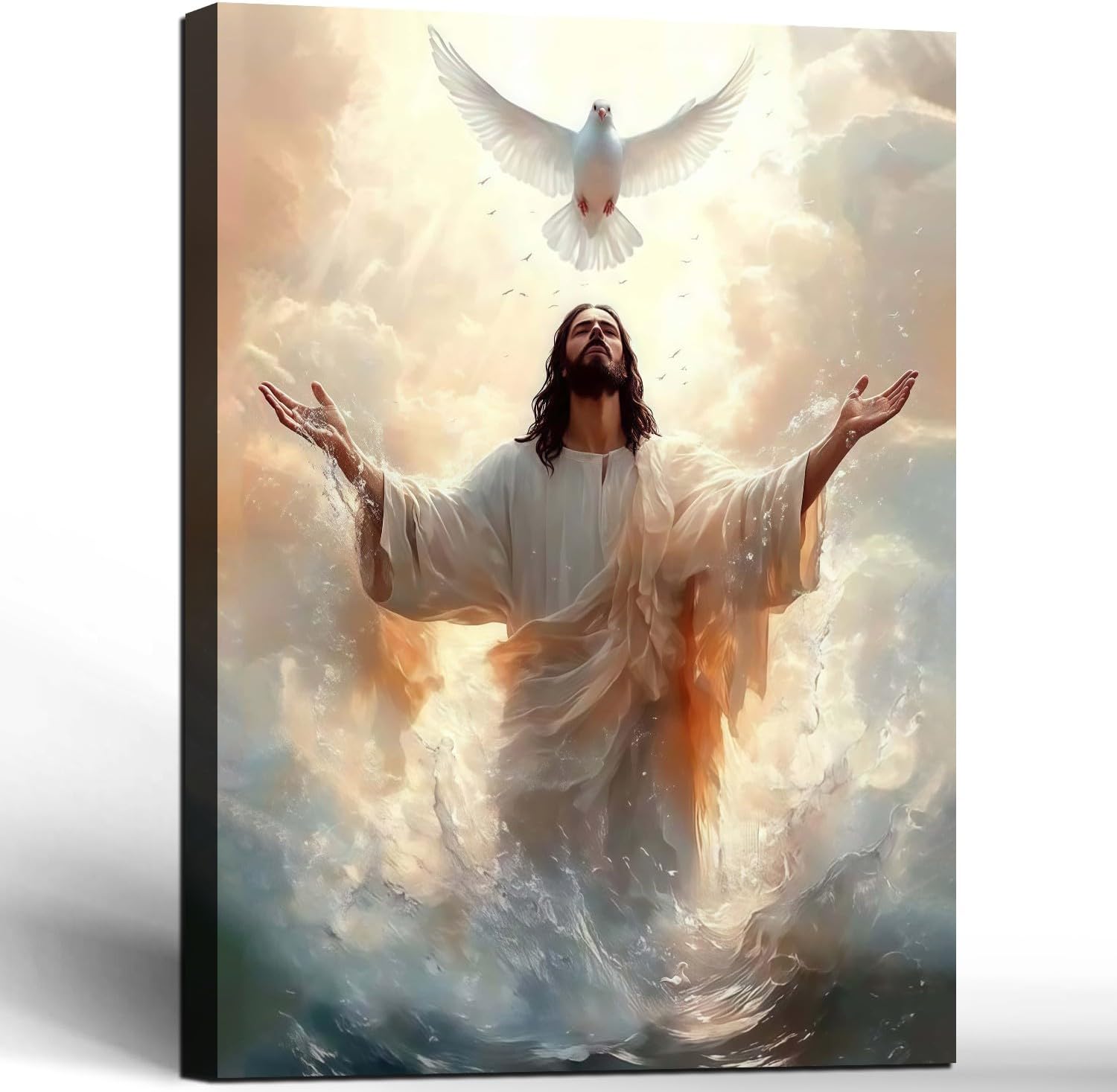 Framed Jesus Canvas Wall Art White Dove and Jesus Wall Decor Picture Christian Poster Painting Decoration Unique Print Wall Decor Living Room Bedroom Church Decor 12x16 Inch Ready to Hang