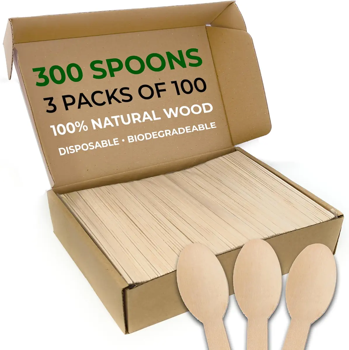 Disposable Wooden Cutlery Set 300 Piece Total, Biodegradable Compostable Cutlery Eco Friendly, 300 Wooden Spoons Disposable Utensils Set (300 ct)