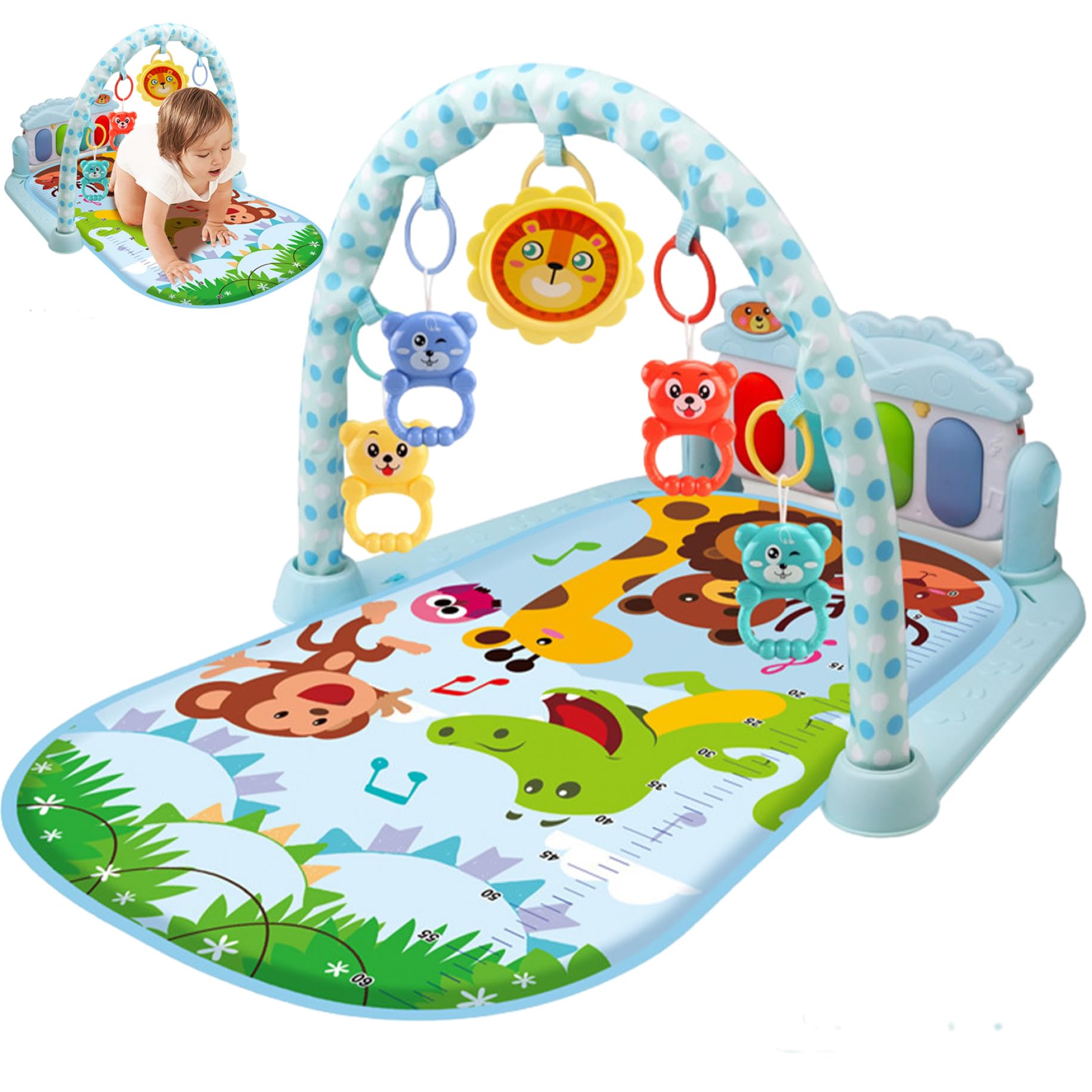 Centro attività per Bambini con Musica e Luce Tappetino da Gioco Divertente Sicuro e Rimovibile con Pendente a sonaglio tavola Regolabile per Neonati Bambini Piccoli, Senza Batteria, Blu