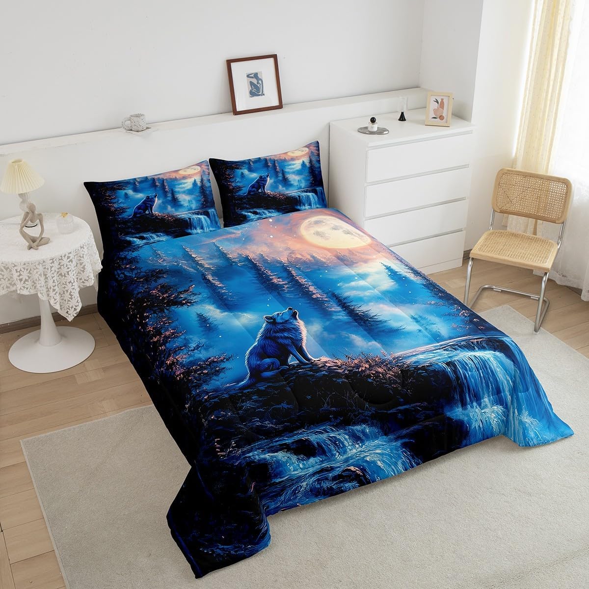 Feelyou Wolf Comforter Set Twin Size Wolves Howling Comforter for Boys Girls Teens Animal Wolves Bedding Set Mountain Moon Wolf Duvet Set Room Blue Black Decor Quilt Set