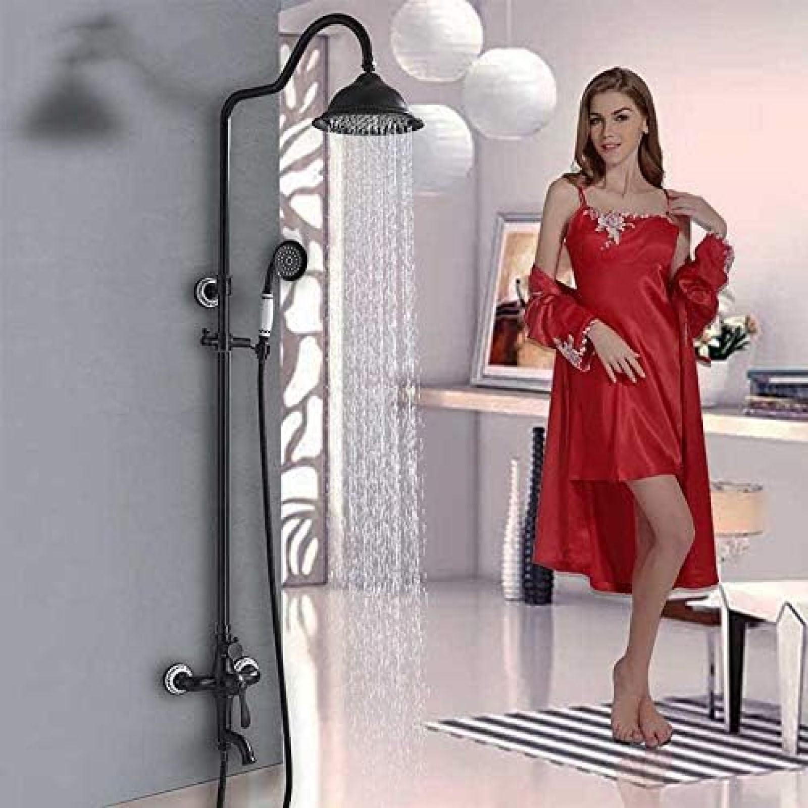 Robinet de douche en bronze noir et son grand pommeau effet pluie rétro
