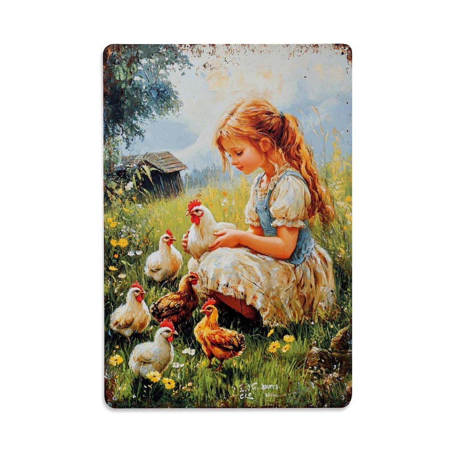 Jdfenggu Girls Vintage With Chickens In Field Retro Metal Tin Sign, Decor Art Poster For Bar, Home, Man Cave, Kitchen, Laundry Room Gift 8X12inch