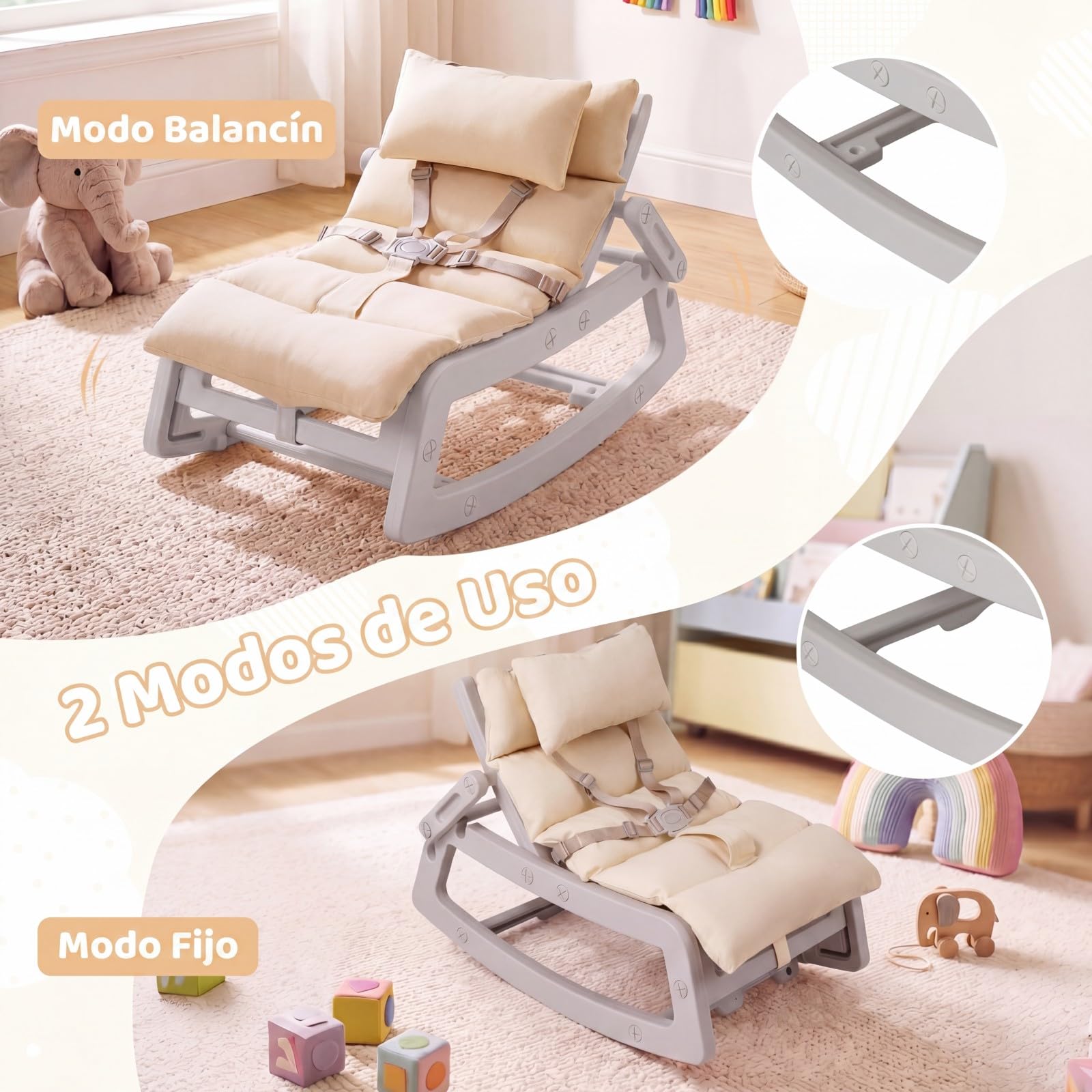 COSTWAY Silla Mecedora para Niños, Sillón Reclinable Infantil con Respaldo Ajustable, Cojín Extraíble y Lavable, Arnés de Seguridad, Mecedora para Niños de 6+ Meses, Guardería Sala de Juegos (Gris)
