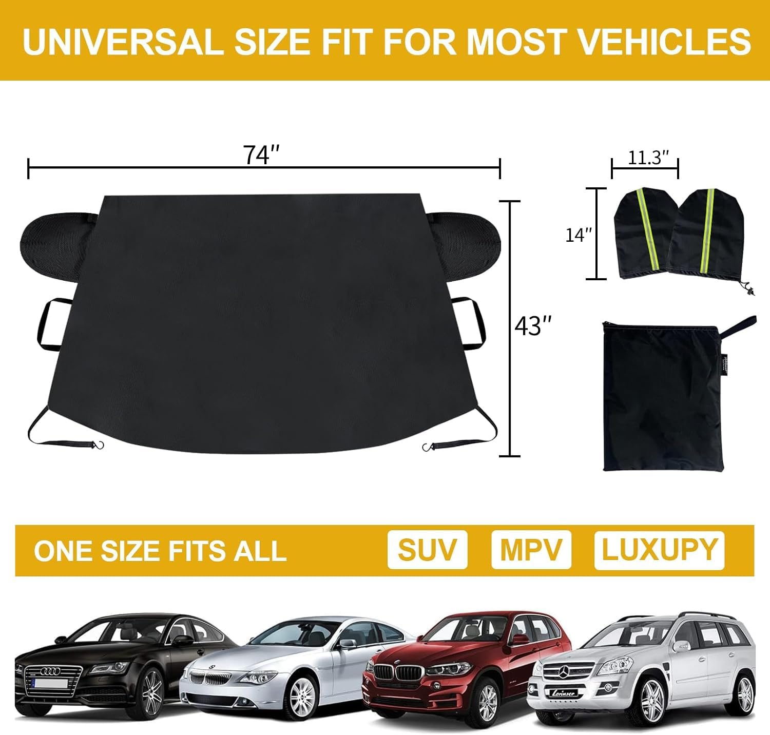 Car Windshield Cover for Ice and Snow,600D Frost Removal Wiper Protector, All Weather Waterproof Sunshade Snow Cover with Side Mirrors Cover Fits Most Cars Trucks SUVs, XL (74 x 43 Inches)