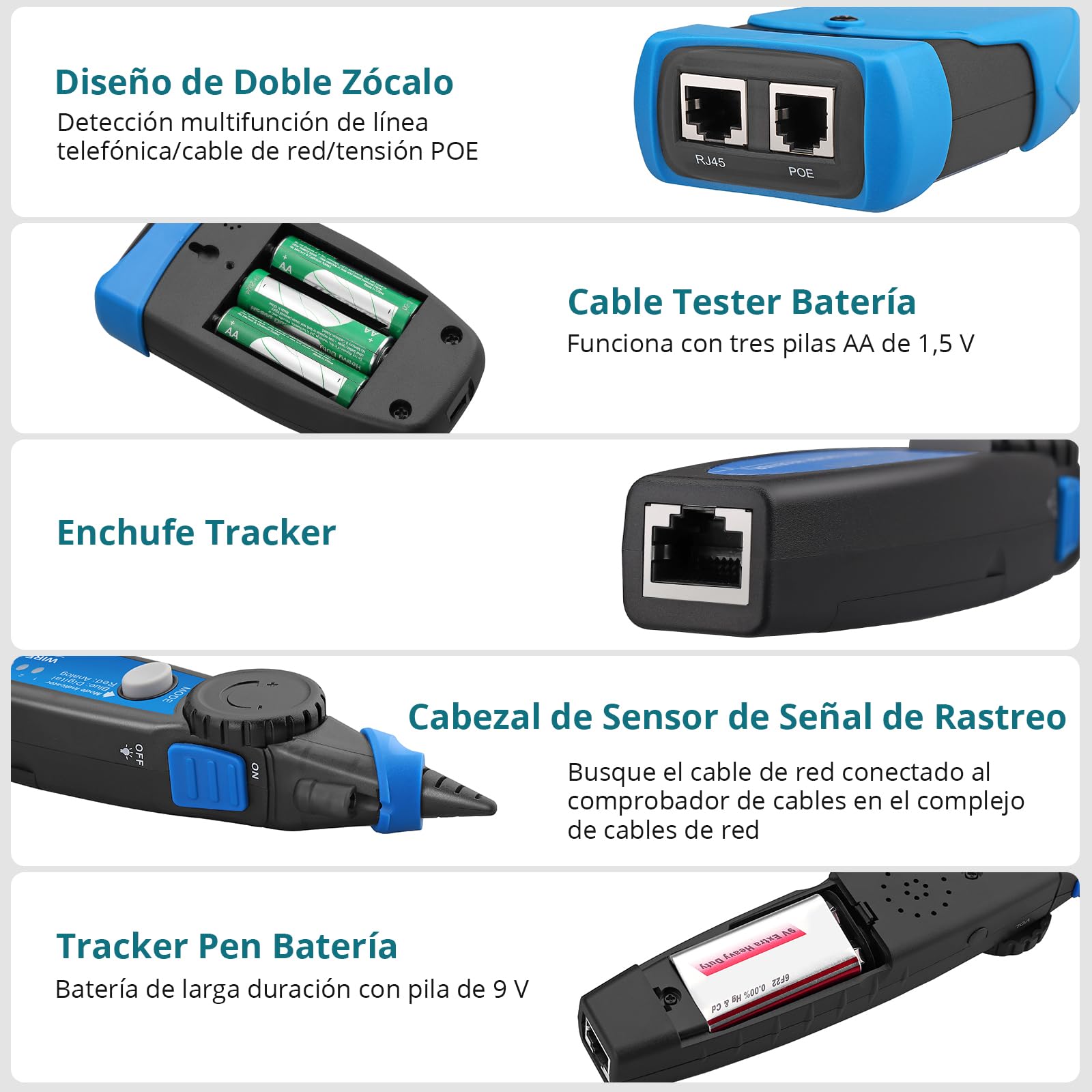 Probador de Cable con POE Rastreador de Cables Multifunción de Red RJ45/POE con LCD Nueva Versión Buscador de Líneas Cable CAT5/5e CAT6 Cat7 Cat8 para Prueba de Polaridad de Voltaje de Batería