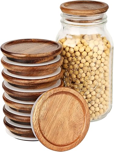 Paquete de 8 tapas de tarro de albañil de boca ancha, tapas reutilizables para enlatado con sellos de madera y silicona - Perfectas para enlatar y