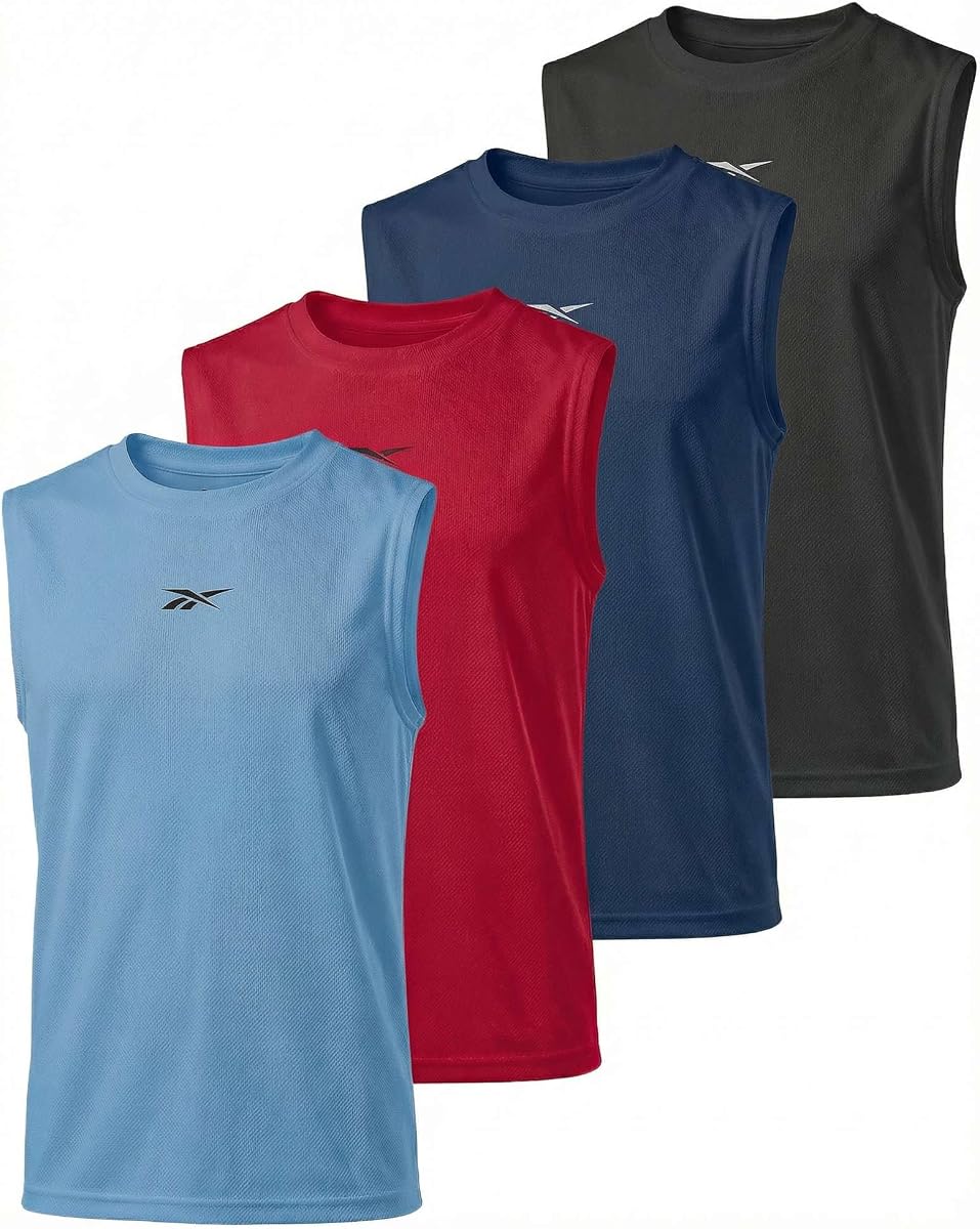 Reebok 4 Pack: Boys' Mesh Tank Tops Athletic Active Sleeveless Basketball Running Sports Training Gym Workout Muscle 6-18