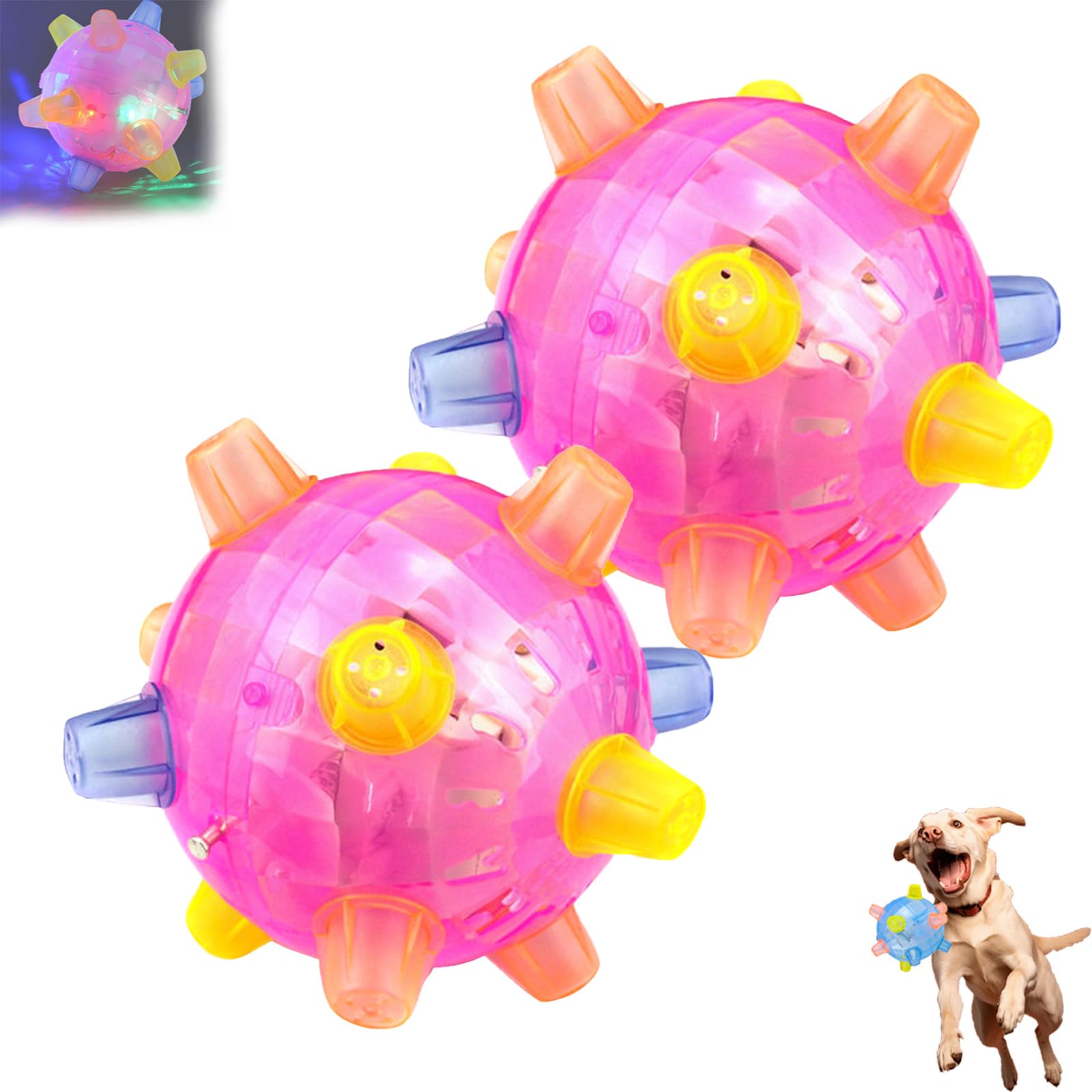 LLELEMAMO Jumping Activation Ball for Dogs, 2025 New Colorful Jumping Activation Bouncing Ball for Dogs with Light and Music, Interactive Vibrating Dog Ball Toys to Keep Them Busy Pet Toys (Pink*2)