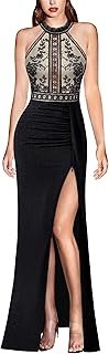 Womens Formal Prom Halter Neck Embroidery Ruched Keyhole Back Maxi Dress 2024 High Split Long Cocktail Evening Gown - Buy now