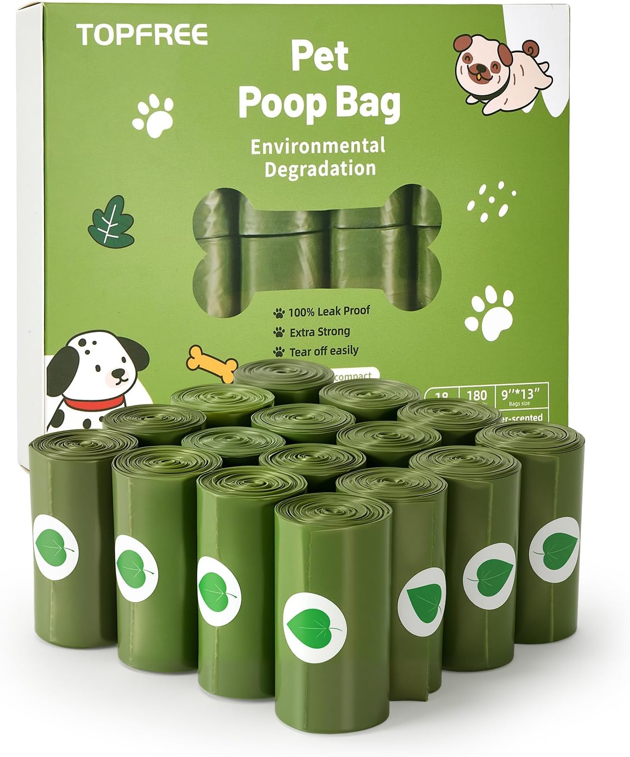 Topfree Poo Bags for Dog Waste, 18 Rolls 180 Dog Poop Bags, Super Strong 100% Leak Proof Dog Poo Bags (Green)