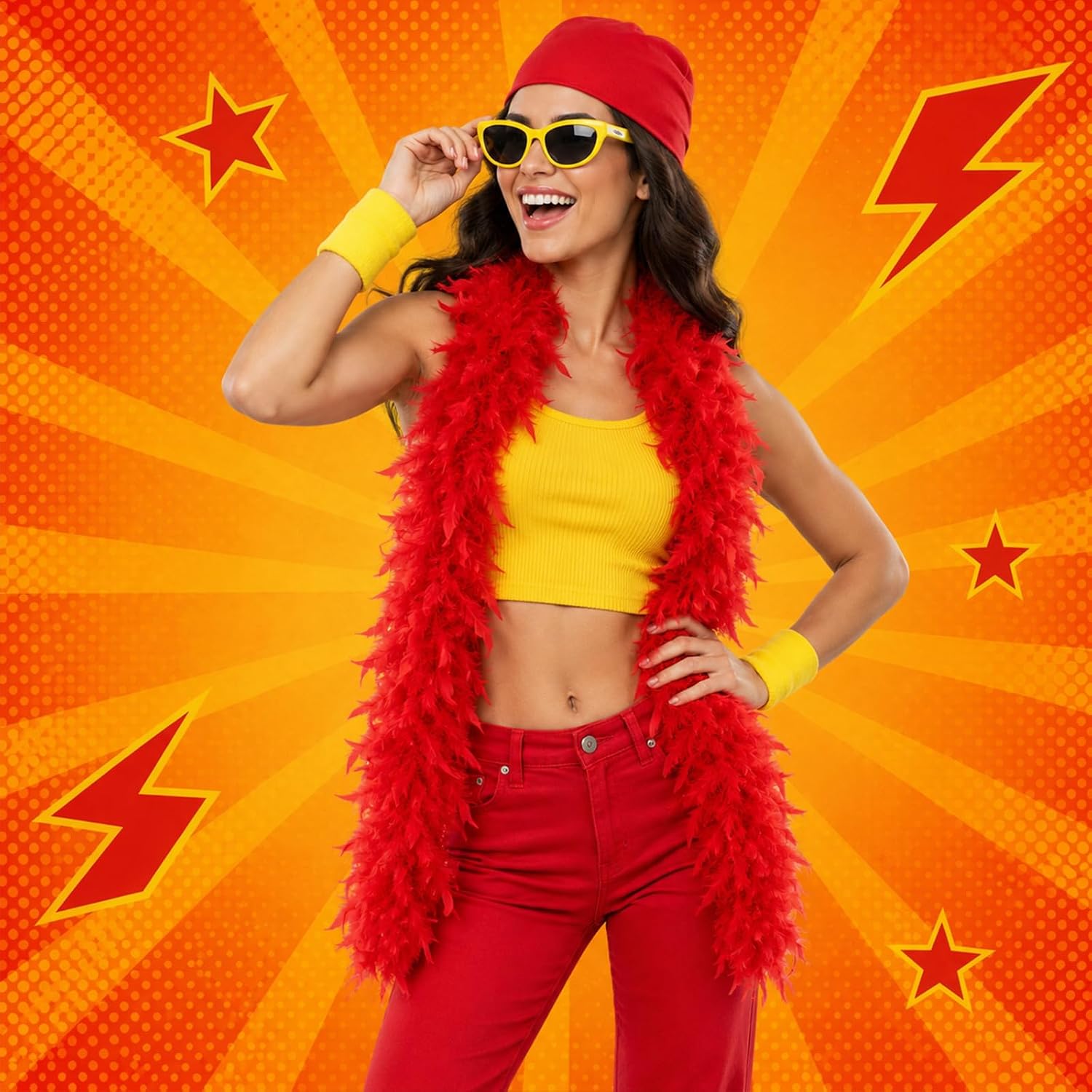 Honic 7 Pcs Halloween Costume Include Red Feather Boa,Kerchief,Bald Cap Wig,Moustache,Bracers,Glasses and Necklace for Men Women Party Dress Up