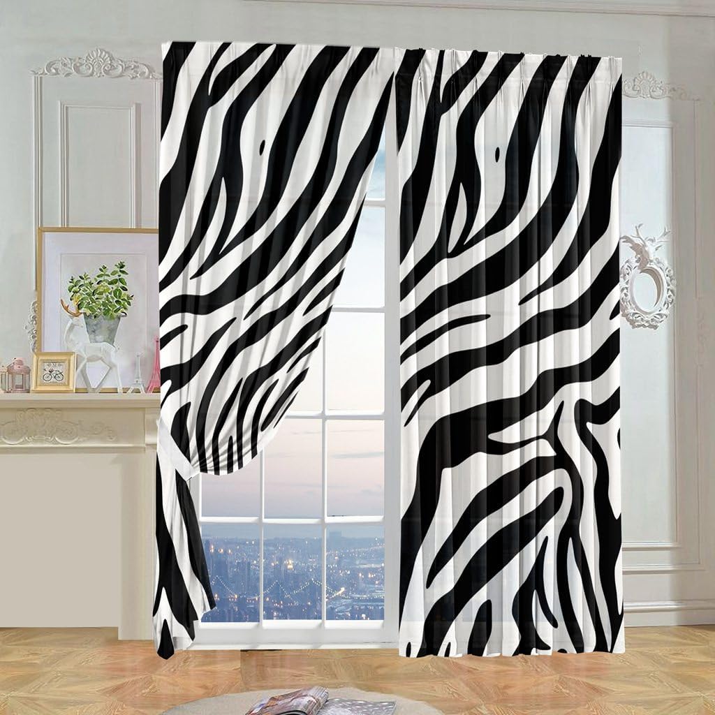 Zebra Print Semi Sheer Curtains Skin Texture Striped Abstract Art Printed Rod Pocket Light Filtering Window Panels for Living Room, 2 Pieces Total 104 Inch Wide, 96 Inch Long