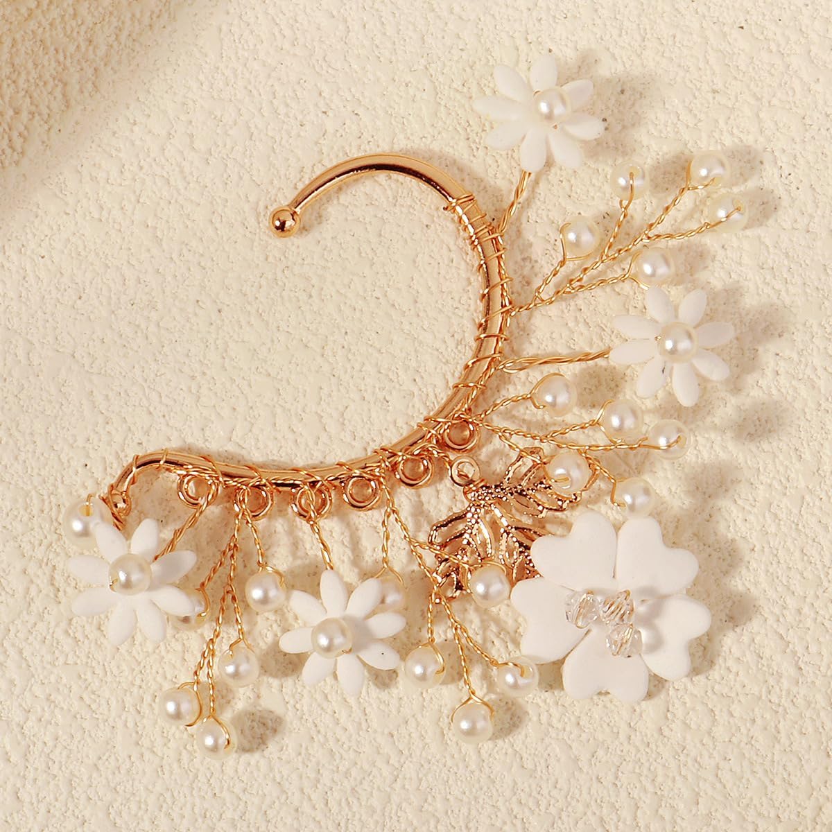Golden Elf Leaf Flower Ear Hanging Ear Bone Clip Left Single Earring No Piercing Prom Bride Wedding Jewelry for Women