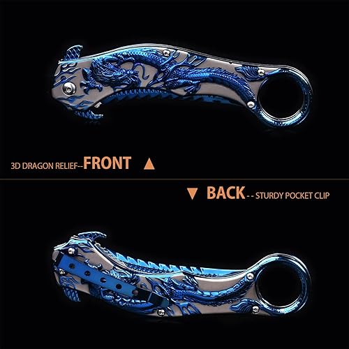 Miniatura 6 de Cuchillo de bolsillo para hombres, cuchillo plegable con alivio de dragón azul 3D, gran regalo Edc cuchillo para hombres, supervivencia al aire