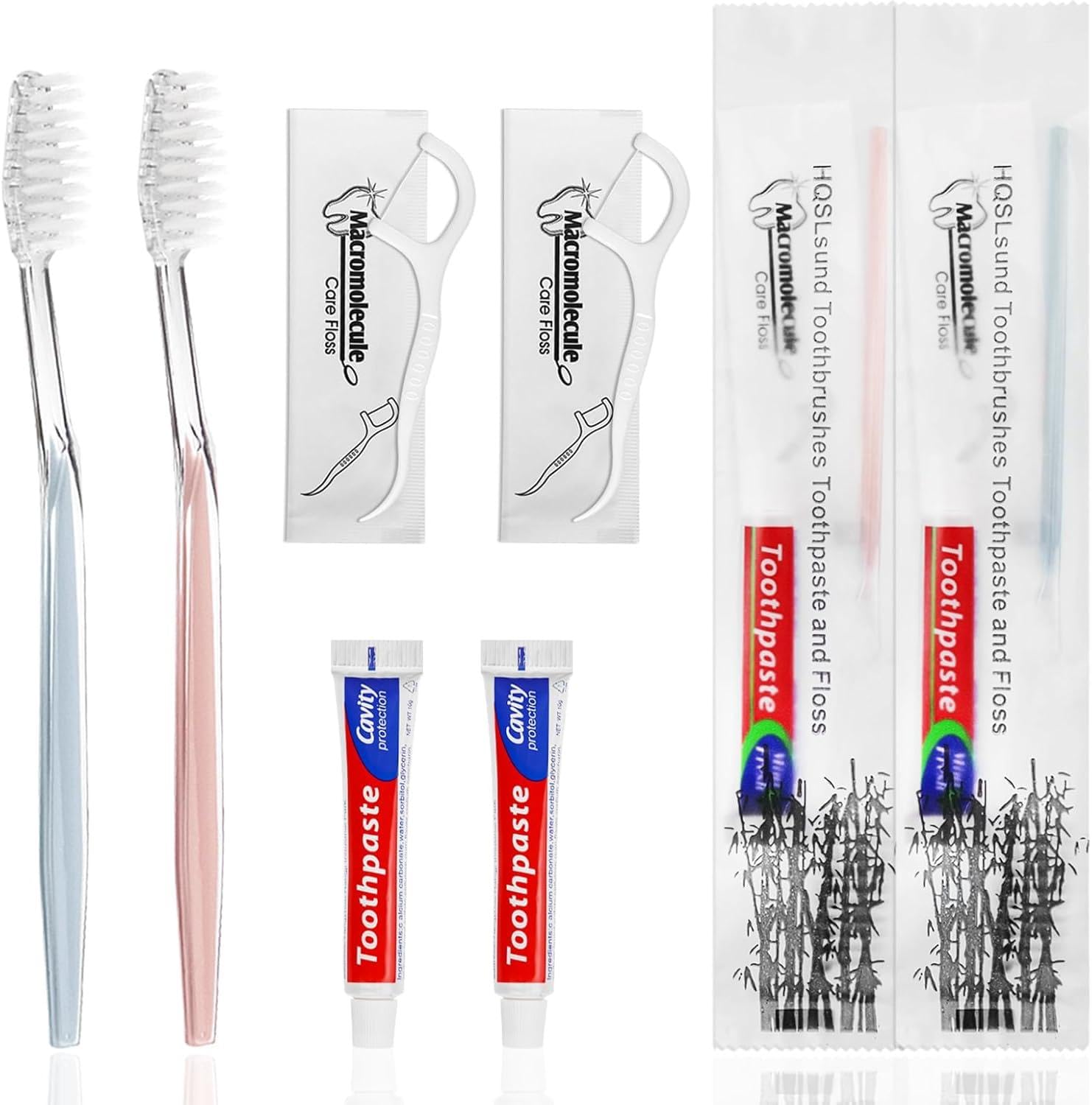 HQSLsund 100 Pack Disposable Toothbrushes with Toothpaste Floss Individually Wrapped, 2 Color Toothbrush,10g Toothpaste,Floss Pick,Bulk Toothbrush Kit