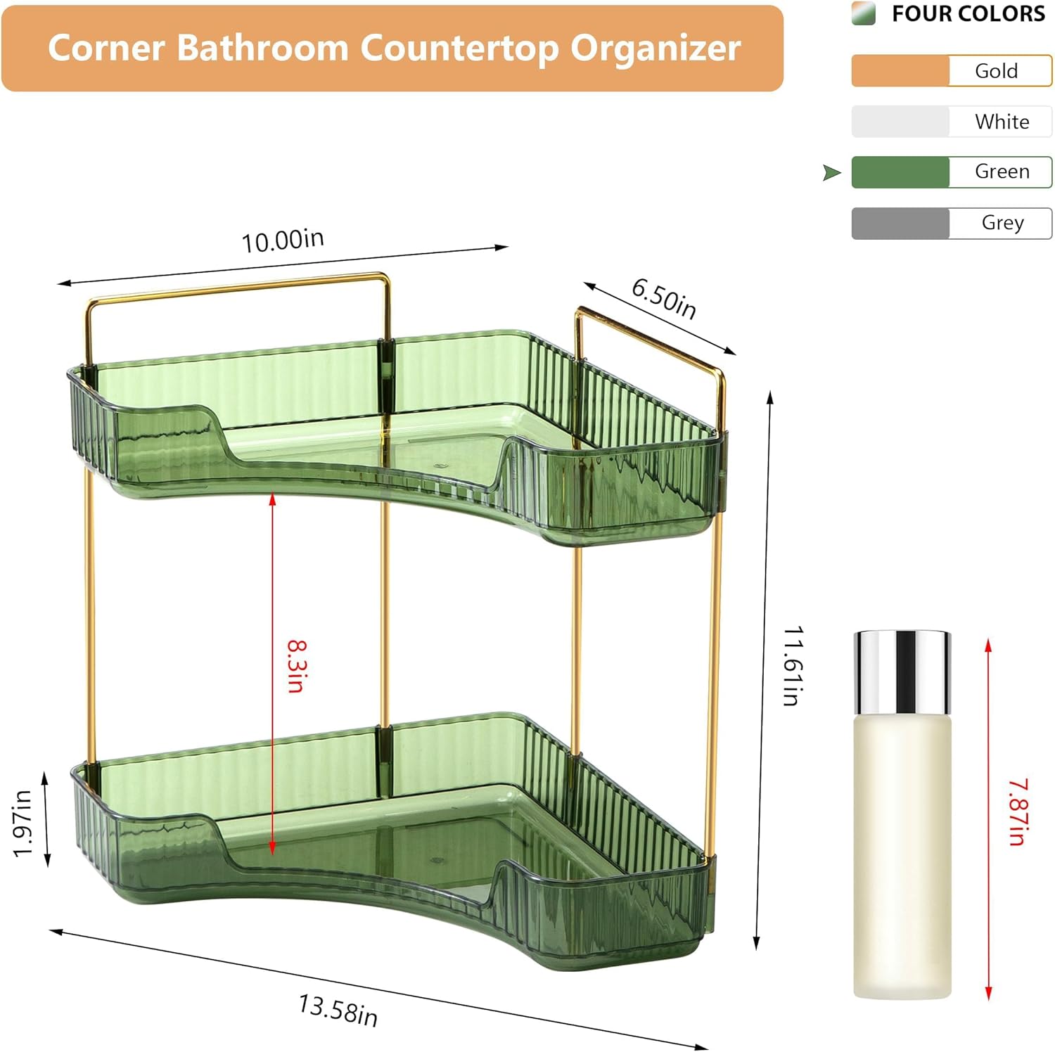 Corner Bathroom Counter Organizer Bathroom Countertop Shelf Makeup Organizer for Vanity Perfume Tray for Corner Storage (2 Tiers, Green) - Image 2