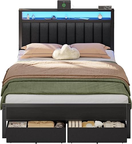Miniatura 9 de Furnulem Base de cama Queen con estación de carga y luces LED, cabecera tapizada gris con estantes, cama de plataforma de metal con 2 almacenamiento