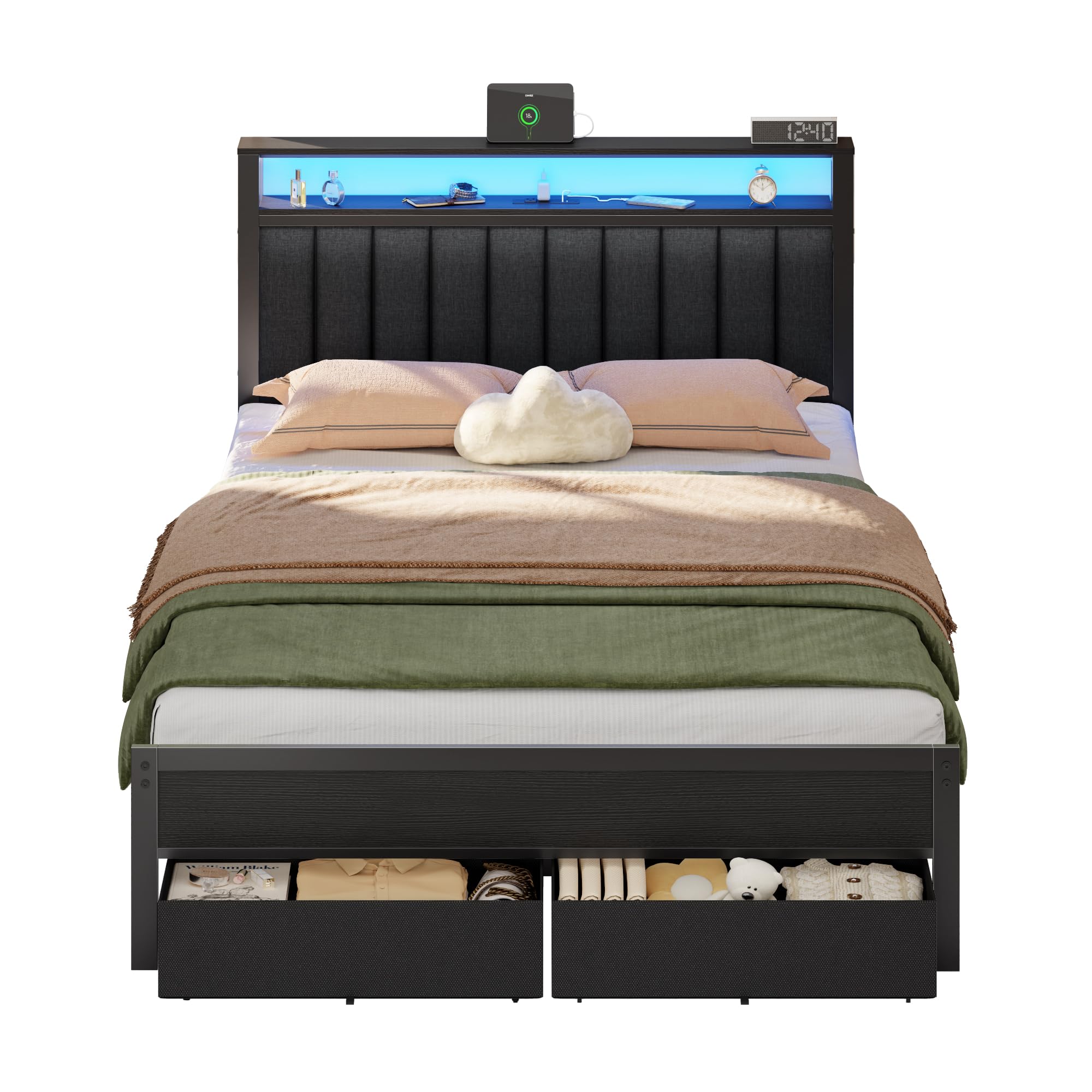 Furnulem Queen Bed Frame with Charging Station and LED Lights, Grey Upholstered Headboard with Shelves, Metal Platform Bed with 2 Under-Bed Storage (Fabric Drawer on Wheels), No Box Spring Needed