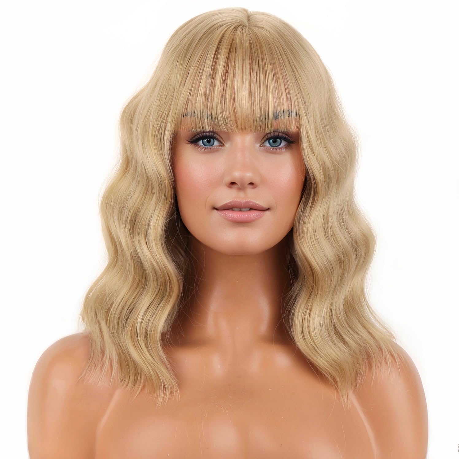 PATTNIUM Flaxen Blonde Wig Short Curly Mixed Blonde Wig Flaxen Wigs with Bang for Women Girls Synthetic Hair Cosplay Costume Wigs