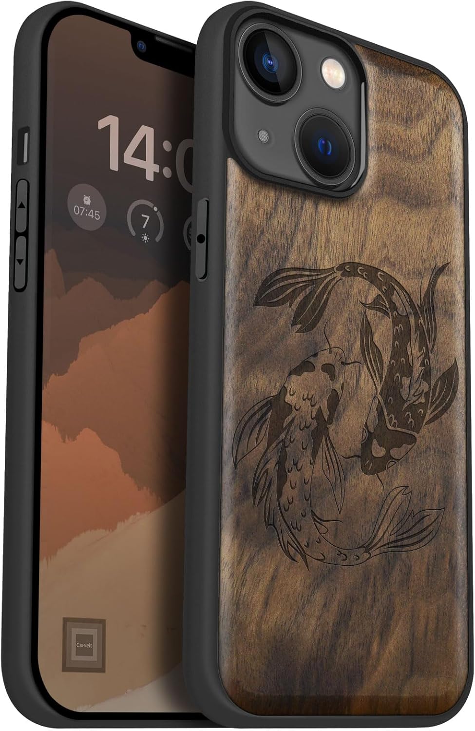 Carveit Magnetic Wood Case for iPhone 14 Case [Natural Wood & Black Soft TPU] Shockproof Protective Cover Unique Wooden Case Compatible with magsafe (Yin-Yang Koi -Walnut)