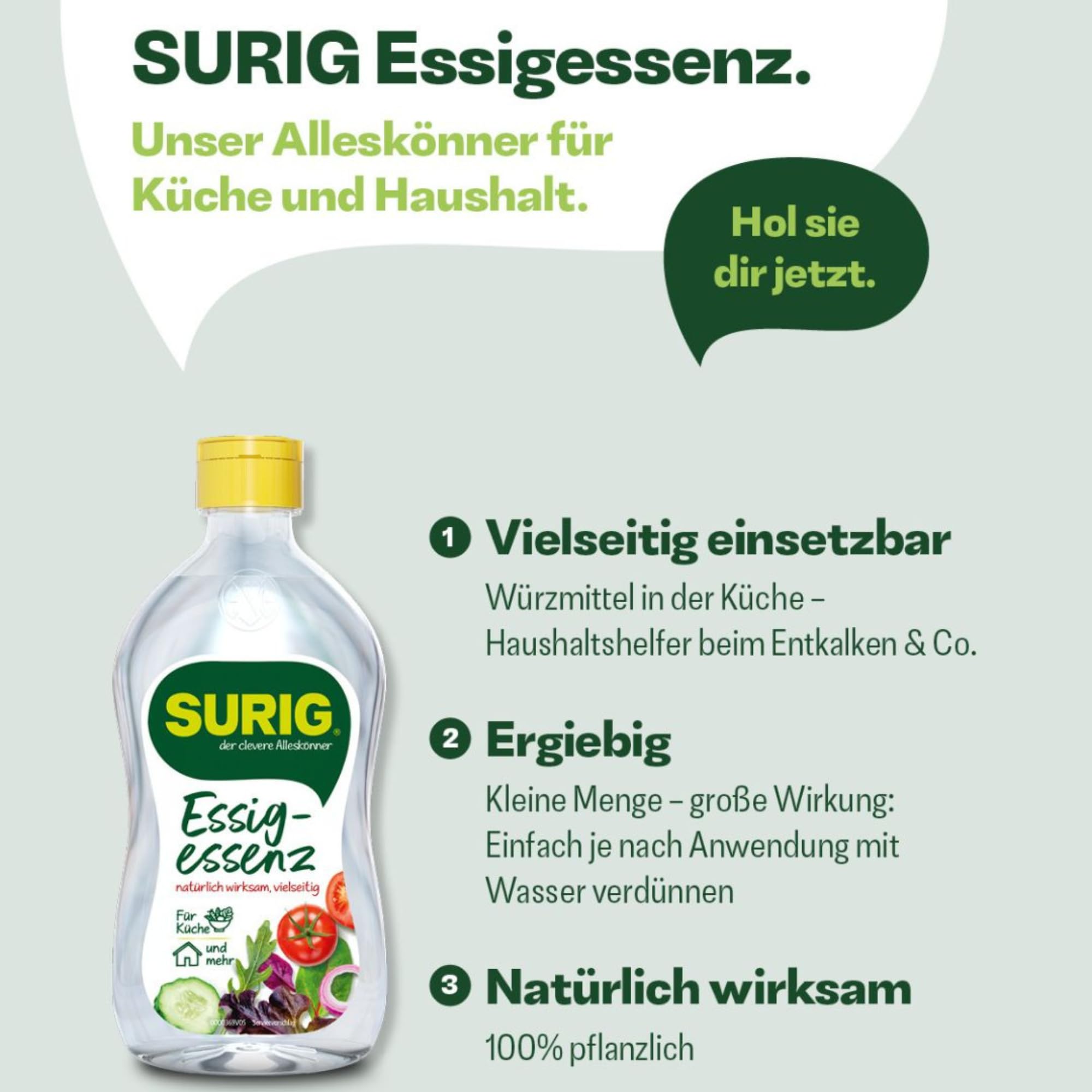 SURIG Essigessenz 5L mit 25% Essigsäure - 100% pflanzlicher Essig zum Reinigen und Entkalken in Küche und Haushalt - Lebensmittelqualität zum Kochen und Einlegen