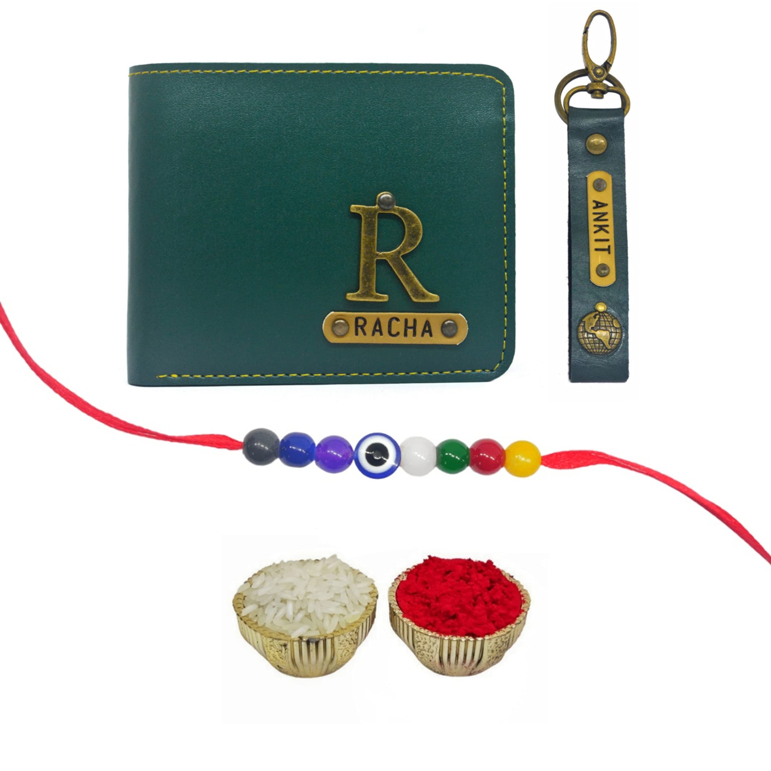 The Bling Stores Customised/Personalised Wallet, Keychain Gift Combo/Hamper for rakshabandhan with Chakra Rakhi & Happy Rakshabandhan Greeting Card. Best Rakhi Gift