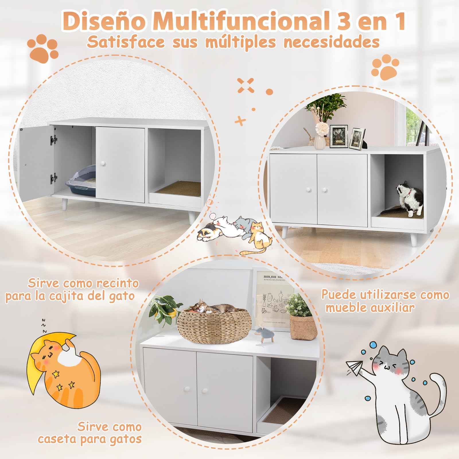 COSTWAY 3 en 1 Casa para Gatos con Rascador Extraíble, Mesa de Centro Auxiliar de Madera, Cueva para Gatos con 2 Puertas, Mueble Arenero de 90 x 50 x 50 cm (Blanco)