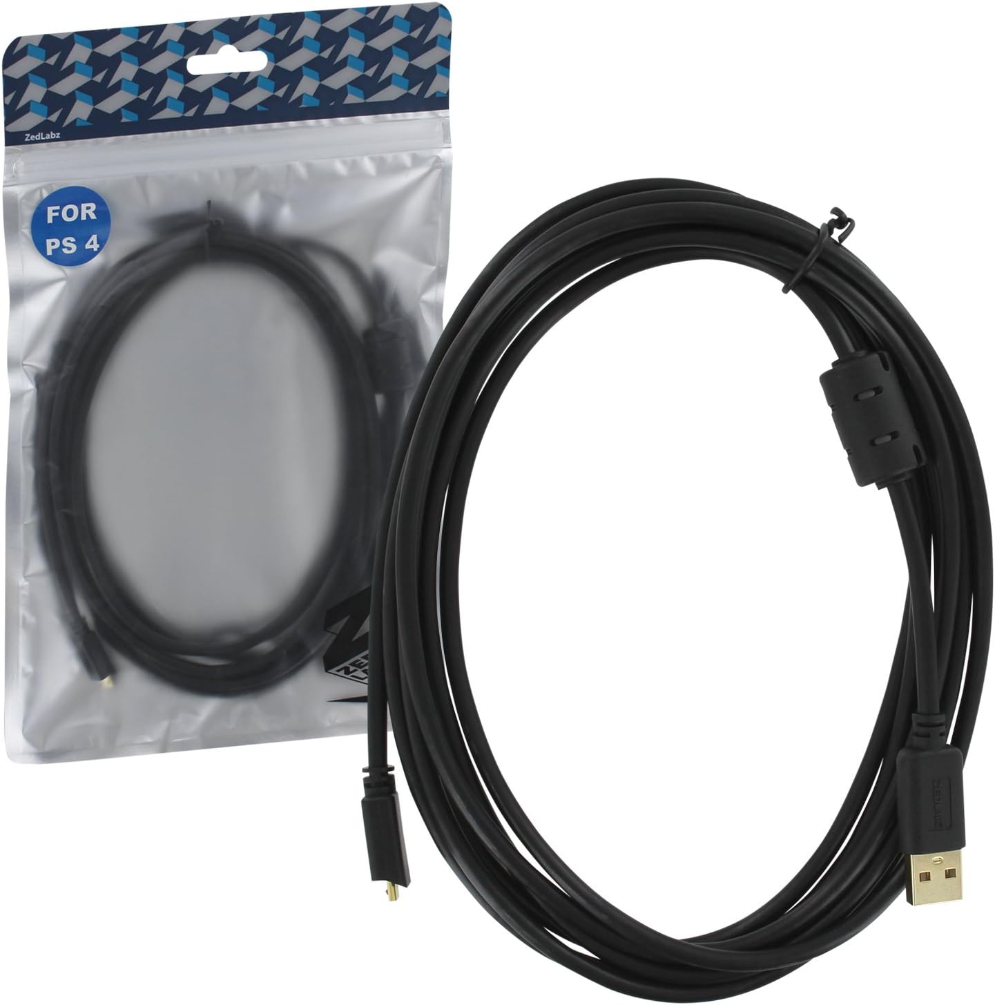 ZedLabz 3M charging cable for Sony PS4 controllers - gold plated extra long micro USB charger play cable lead for with friction locking connector - [Sony PlayStation 4]