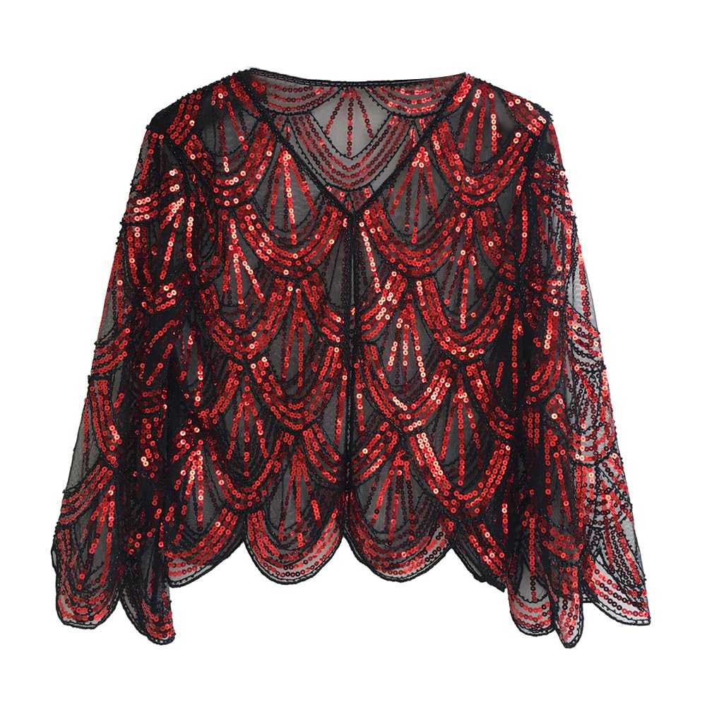 Bakermiche Women's Black-Red (Type 1) Flapper Cape Long Sleeve Sequin Beaded Shawl Wraps 1920S Flapper Shawl Gatsby Party Cover Up