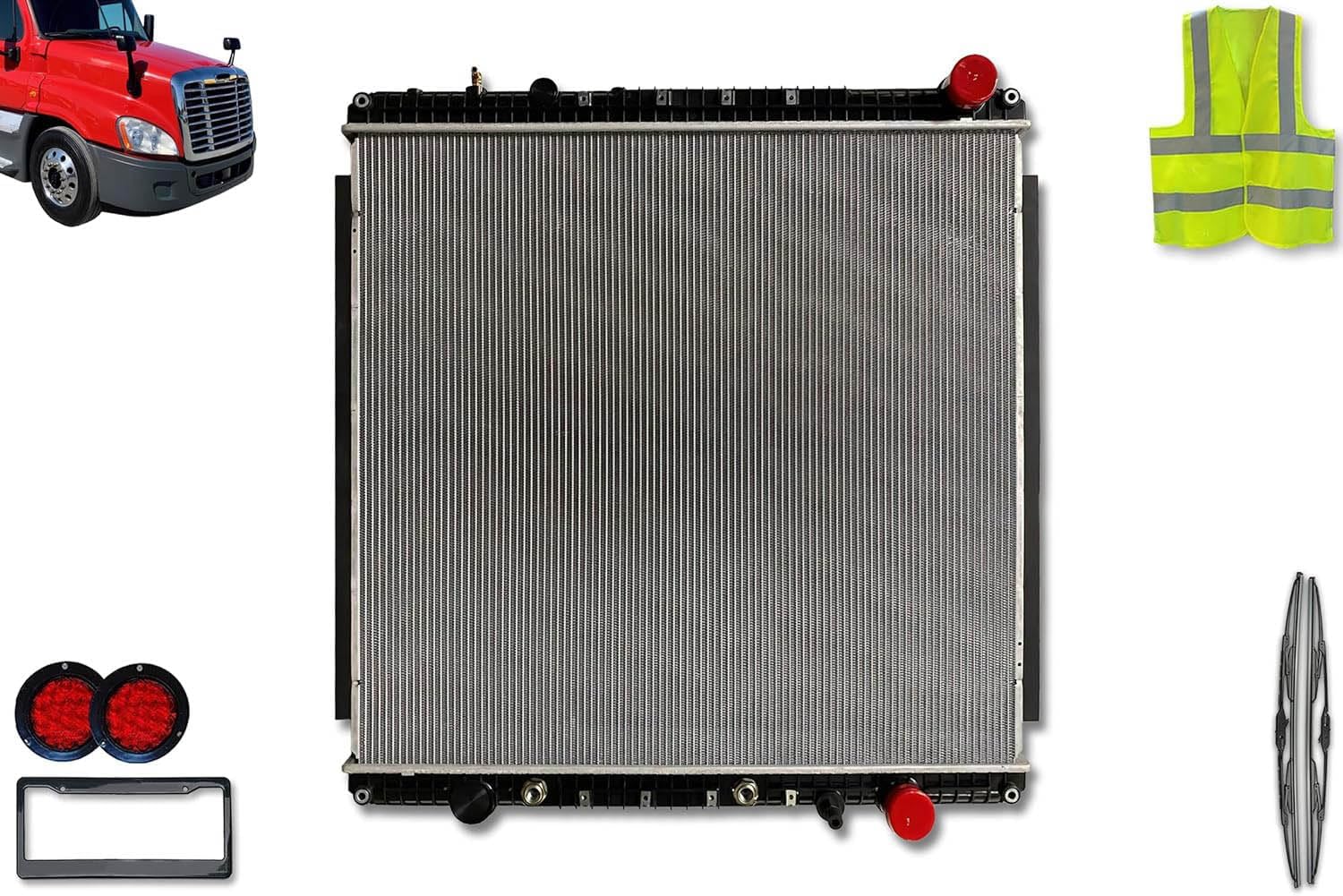 KOZAK Radiator (3s0580800002) Compatible With Freightliner Cascadia 2012-2015, WITH Oil Cooler, WITHOUT Frame PLUS Logo, Wipers, License Plate Frame, 2x Trailer Tail Lights and Vest