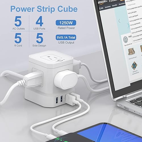 Miniatura 2 de Regleta de alimentación con USB, KEPLUG 5 tomas de corriente y 4 puertos USB (5 V3.1 A), cable de extensión de cubo de 5 pies, montaje en pared,