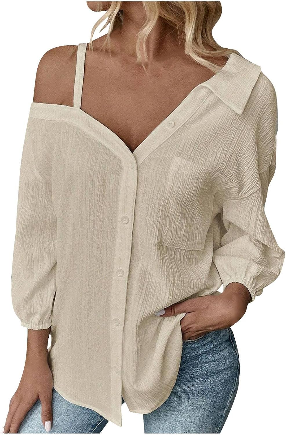 Women's Button Down Shirts One Shoulder Short Sleeve Casual Oversized Shirt Loose Fit Collared Y2K Going Out Blouse