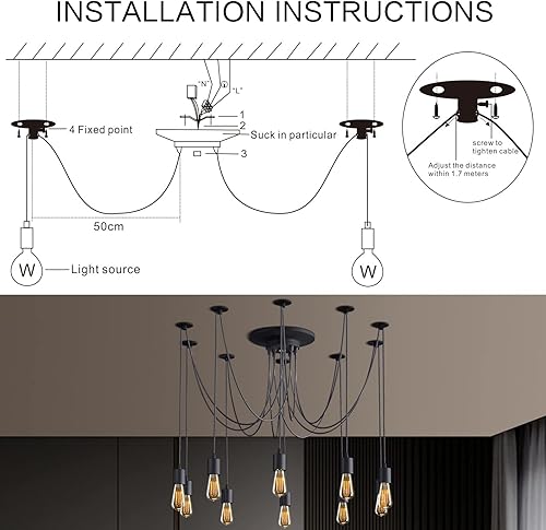 Miniatura 7 de Fuloon Vintage Edison - Lámpara de araña de techo ajustable múltiple para bricolaje, lámpara colgante moderna y elegante, industrial con control