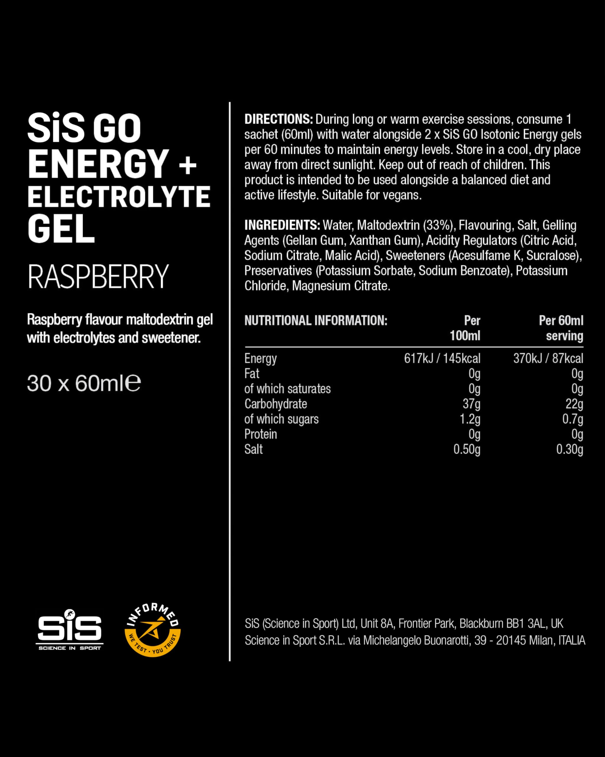 Science in Sport GO Gel + Elettroliti, Lampone, 30 x 60ml